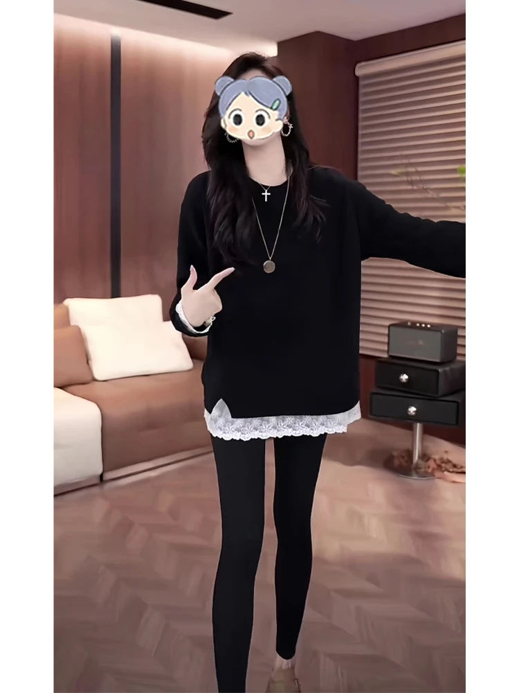 大码圆领花边卫衣女2025秋季新款胖MM宽松显瘦时尚韩版百搭上衣