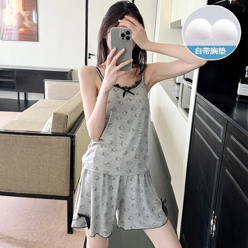 睡衣女款夏季凉感带胸垫性感卡通可爱kt猫吊带睡衣家居服套装