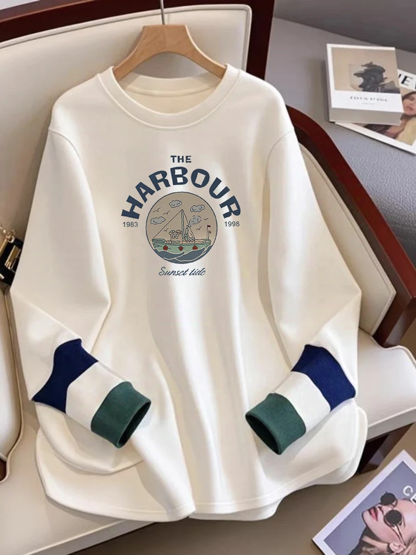 白色t恤女长袖2025春季拼接中长款打底衫大码磨毛减龄休闲上衣潮