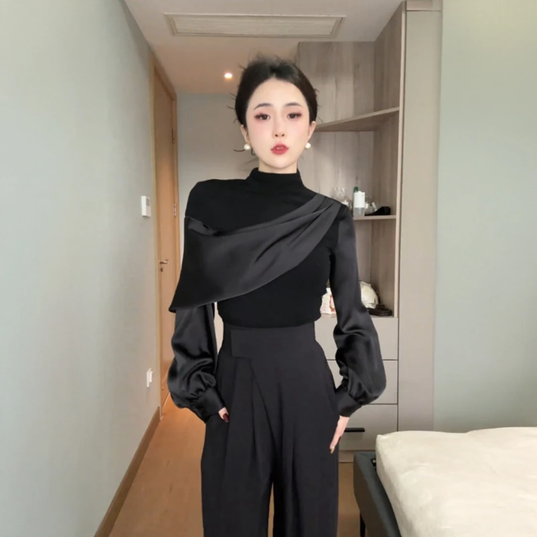C647+C648一整套时尚设计感拼接黑色长袖上衣高腰休闲裤轻熟套装