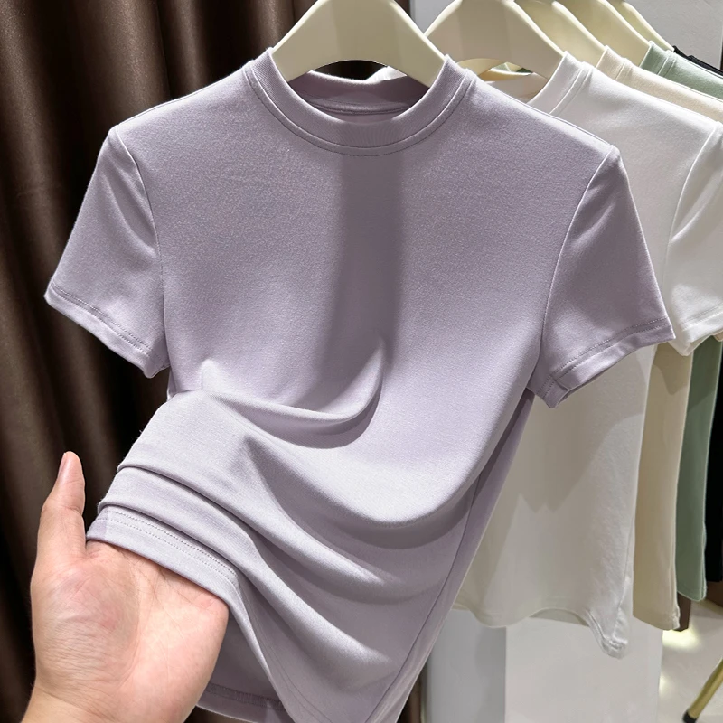 气质小圆领正肩短袖t恤女爆款2025新款紫色时尚百搭修身内搭上衣