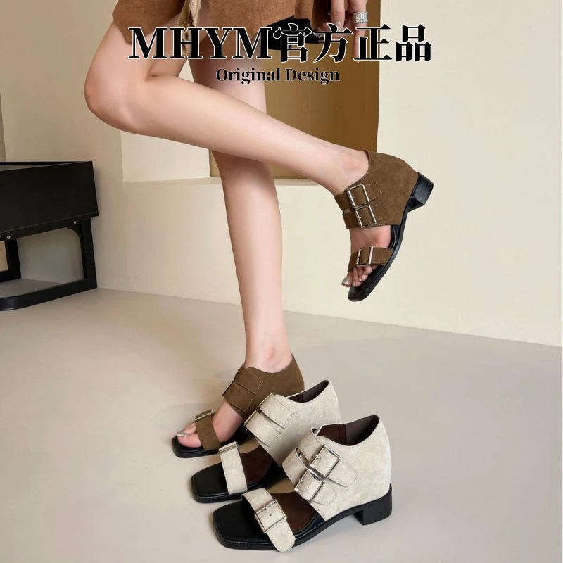 MH官方7cm复古极简设计感休闲夏季通勤百搭内增高罗马凉鞋单鞋女