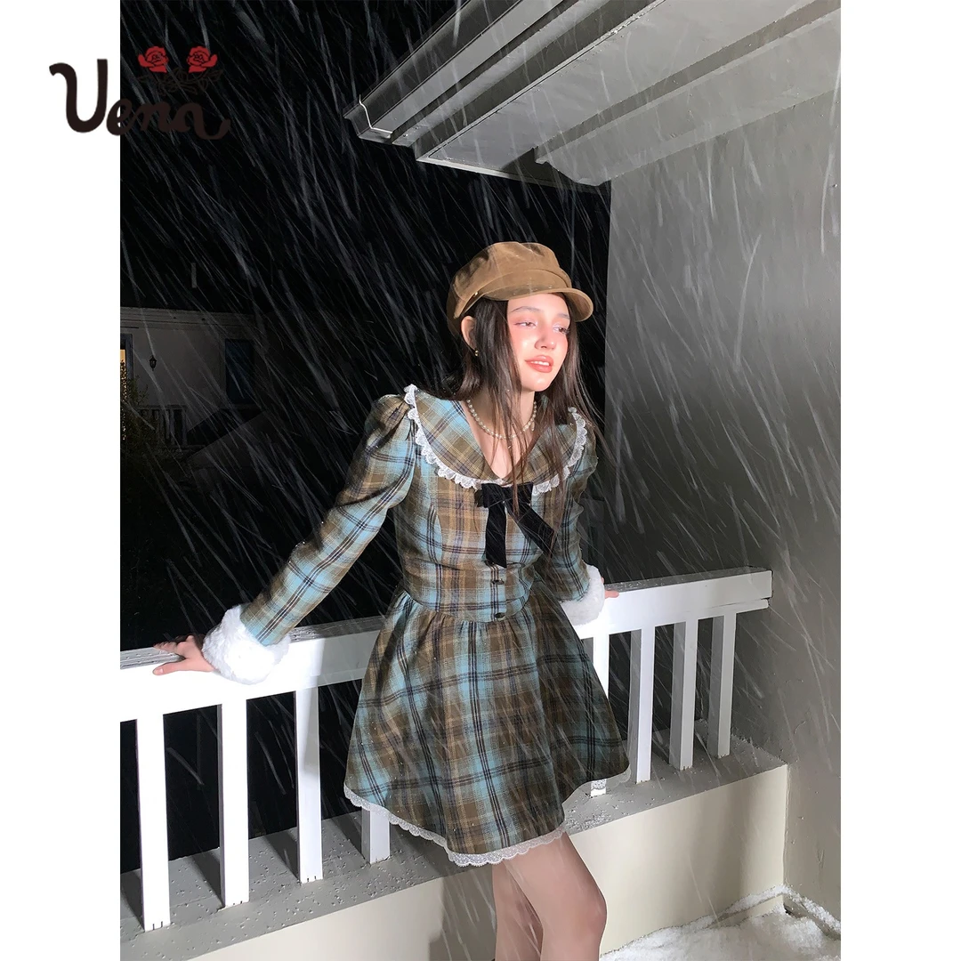 【甜野牧歌】Uena蓝咖色格纹蕾丝花边翻领长袖连衣裙附可拆卸毛袖