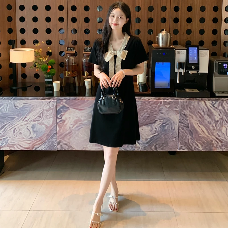 2025夏季新款V领气质日常百搭蝴蝶结拼接减龄显瘦连衣裙女968