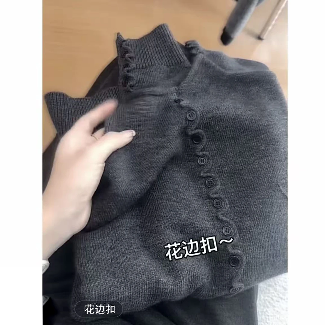 【花边扣】加厚高龄花边针织开衫女宽松慵懒风韩版长袖毛衣外套