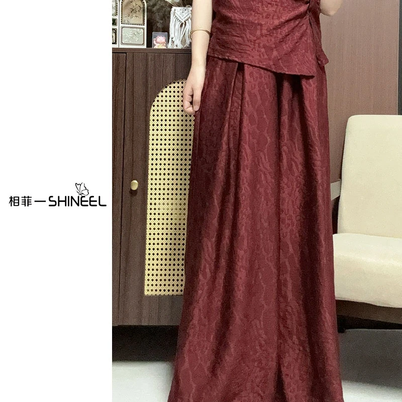 相菲精品—夏天季简约时尚休闲气质显瘦百搭高腰宽提花松阔腿裤