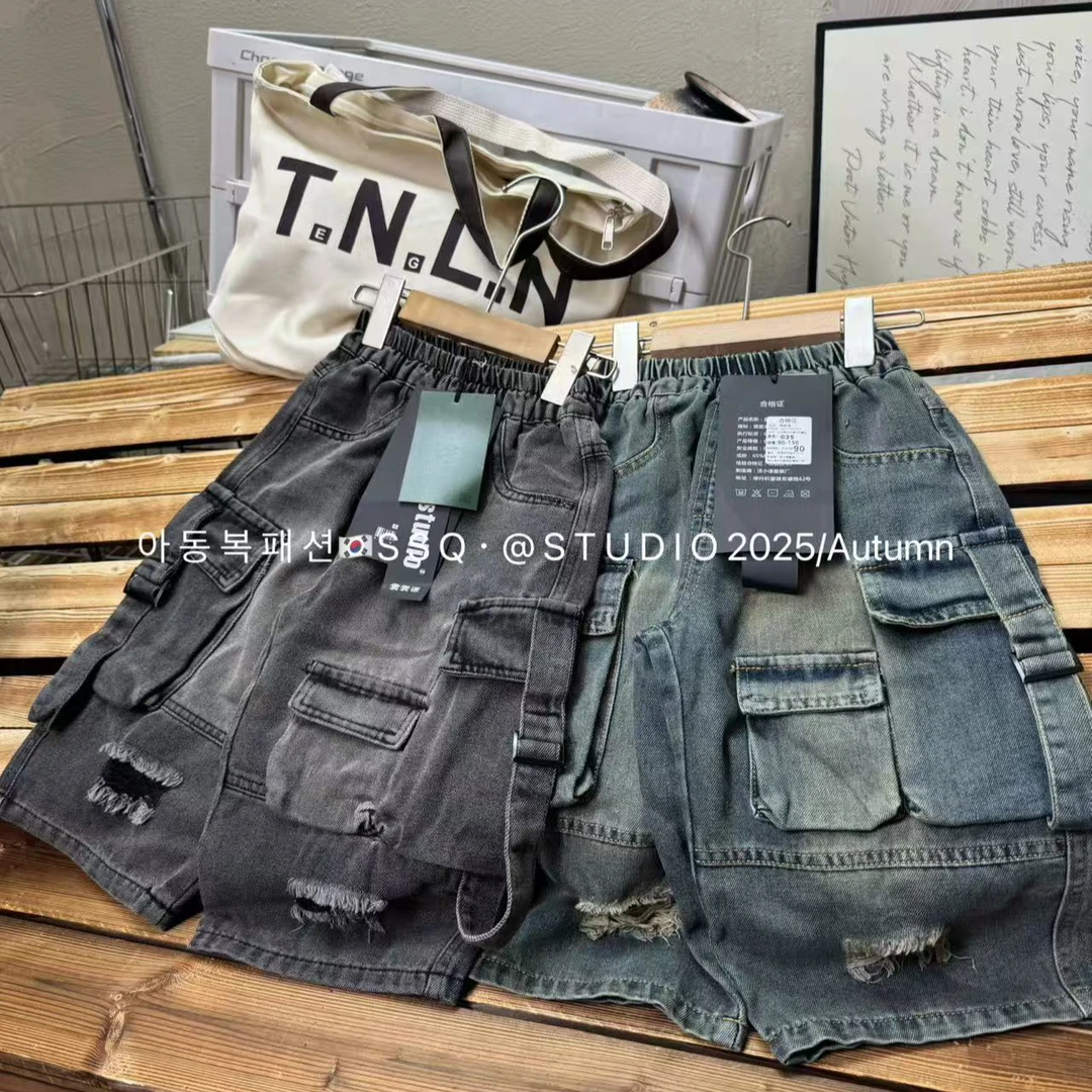 【帅出天际！！酷炸系好看韩国童装牛仔裤25秋多口袋035