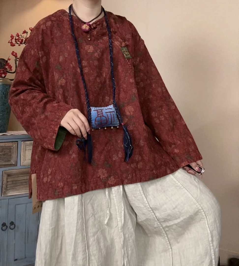 【语禾】F7225提花亚麻双层偏襟盘扣吉绣套头小衫（衣长66胸围134）