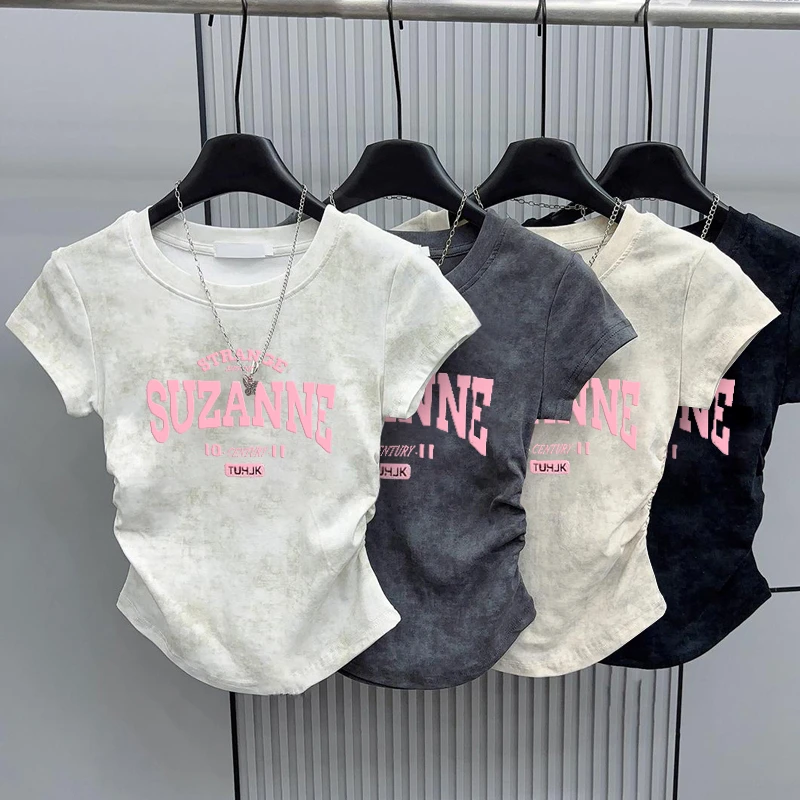 扎染短袖T恤女夏季新款圆领韩版纯欲复古印花褶皱百搭修身上衣潮