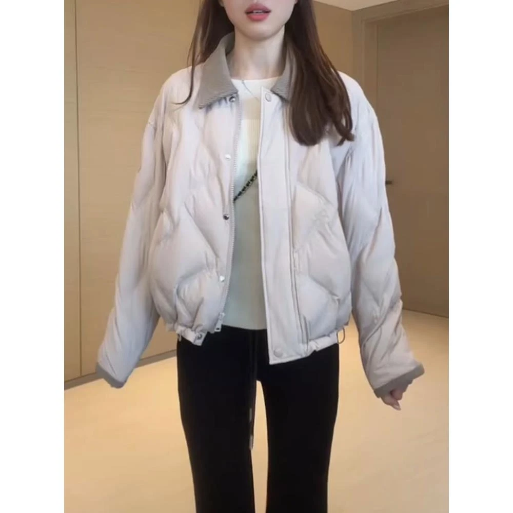 韩系学院风设计感撞色翻领服外套女秋冬宽松显瘦轻薄保暖面包服