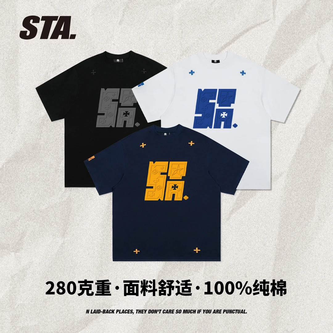 STA国潮280克重重磅复古街头纯棉圆领夏季半袖男短袖t恤