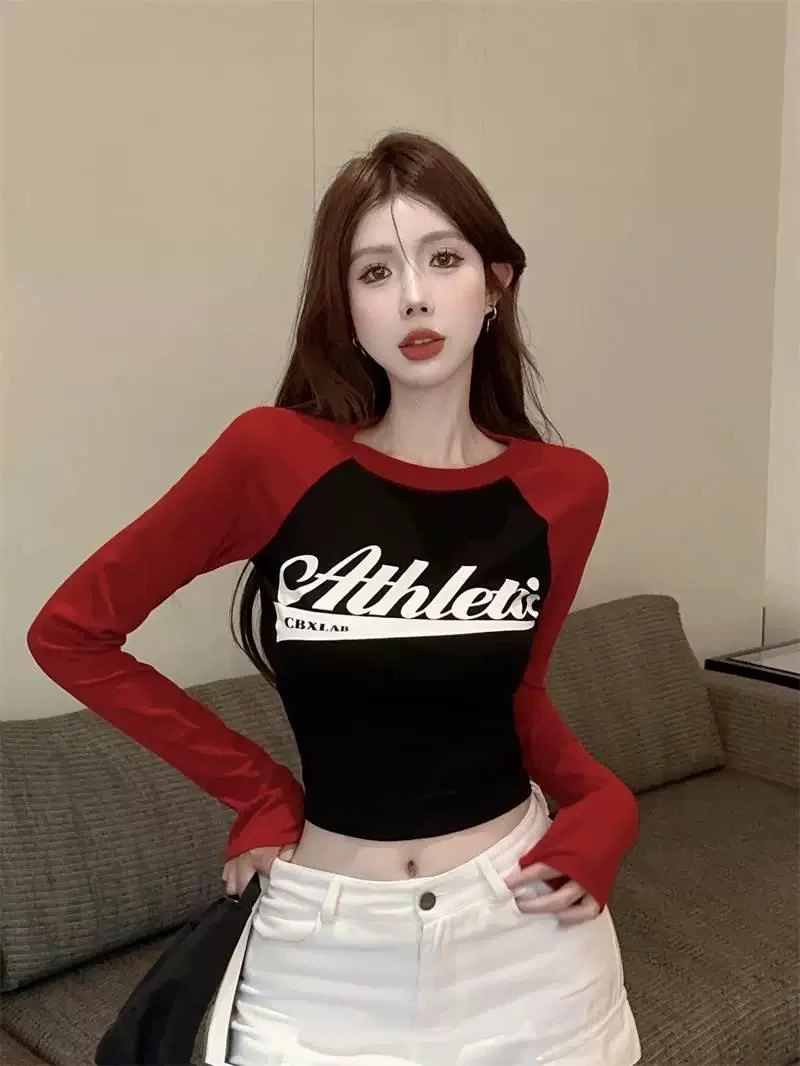 大码美式插肩长袖打底衫T恤女设计感辣妹修身显瘦短款内搭上衣