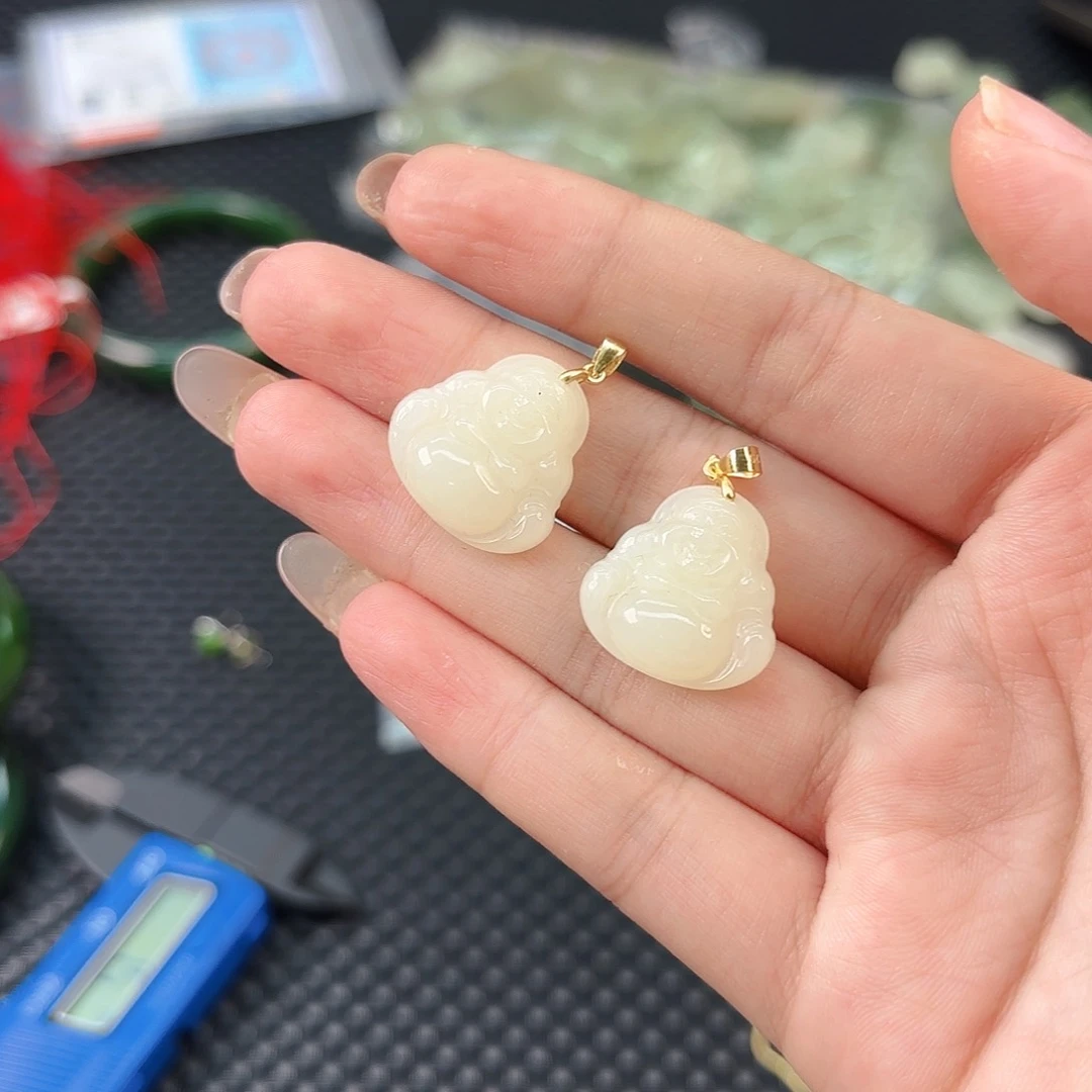 银S925镶嵌手链和田玉冰黄小佛卡20发其一