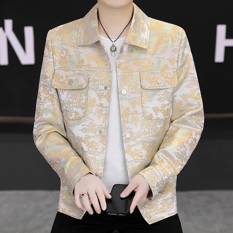 高端刺绣翻领夹克春季新款民族风休闲外套青年时尚帅气修身男上衣