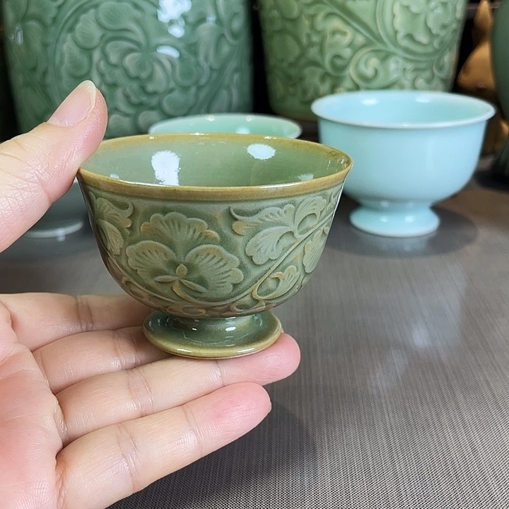 酱***一耀州窑仿古釉牡丹纹茶盏微瑕