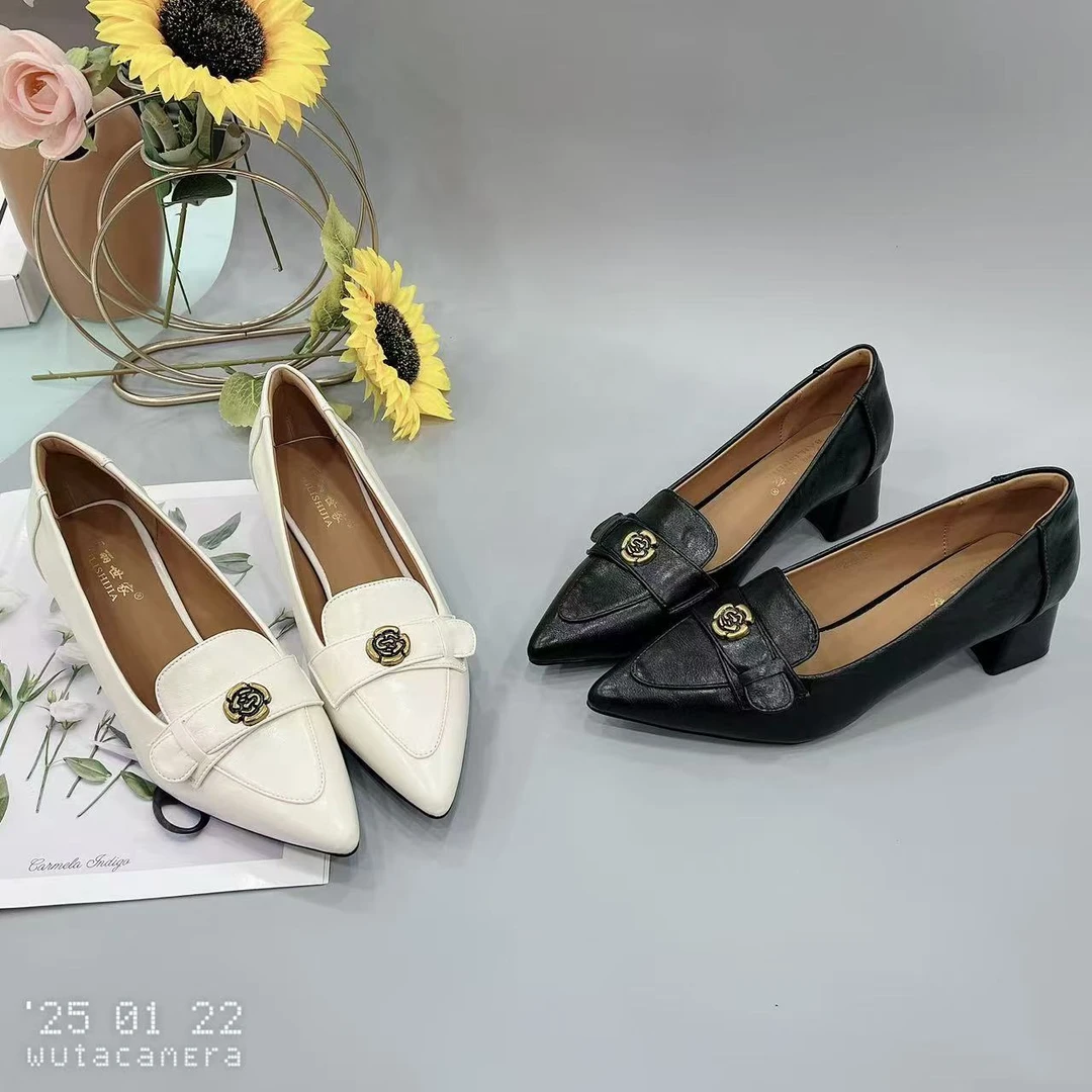 P252123 新款法式浅口高跟鞋女粗跟尖头百搭单鞋