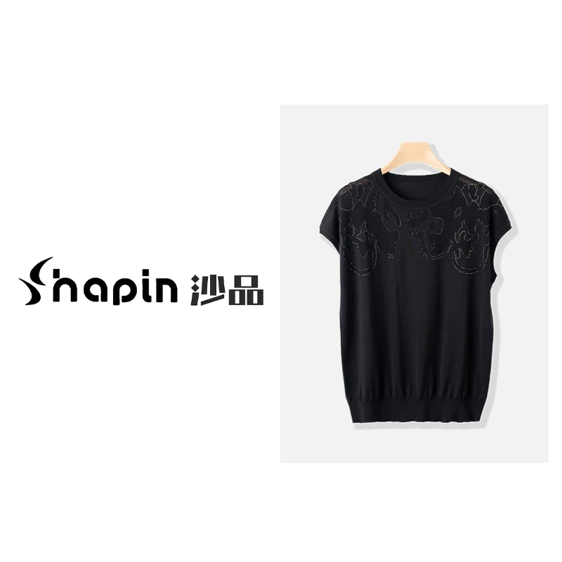 气质款镂空提花烫钻针织小飞袖上衣显瘦短袖打底衫女DY25006