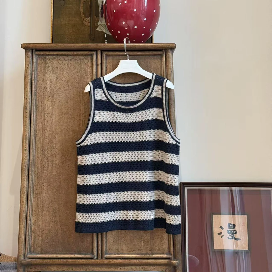 MYL 2025年夏季新款亚麻条纹针织衫无袖圆领吊带背心针织衫