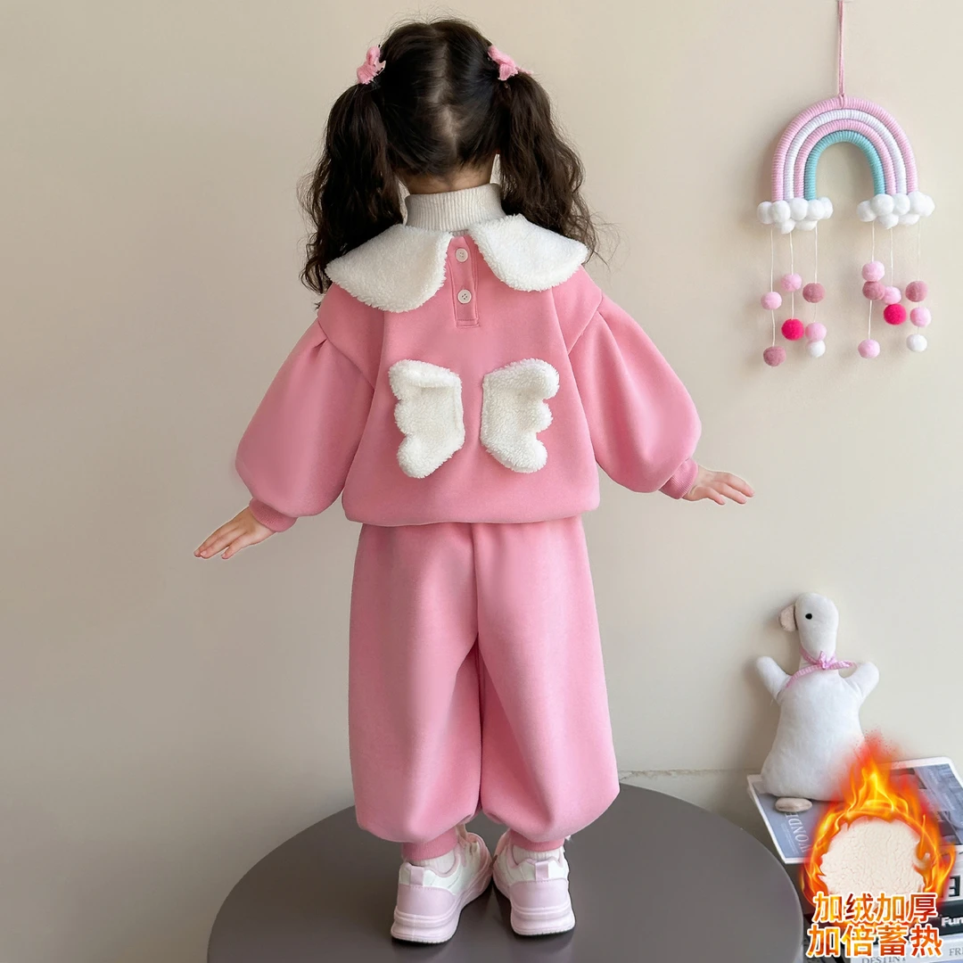 女童秋冬新款加绒加厚可爱翅膀卫衣套装小女孩休闲保暖时髦两件套