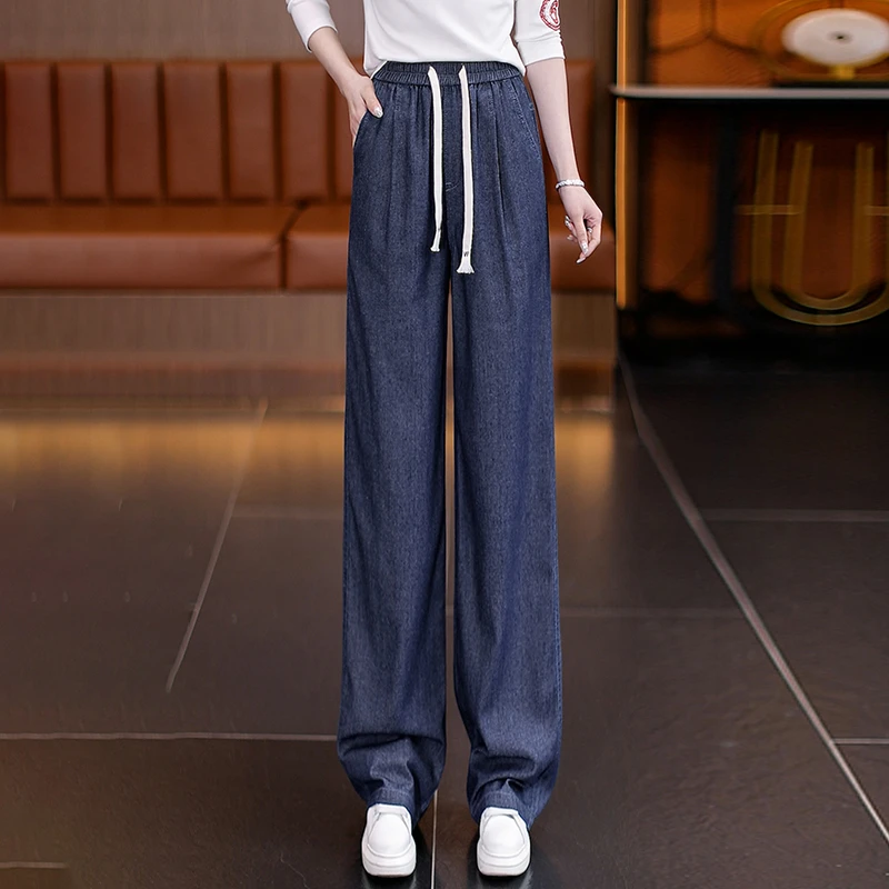 蓝色阔腿通勤裤女2025夏季新款高腰宽松显瘦垂感窄版拖地直筒裤子