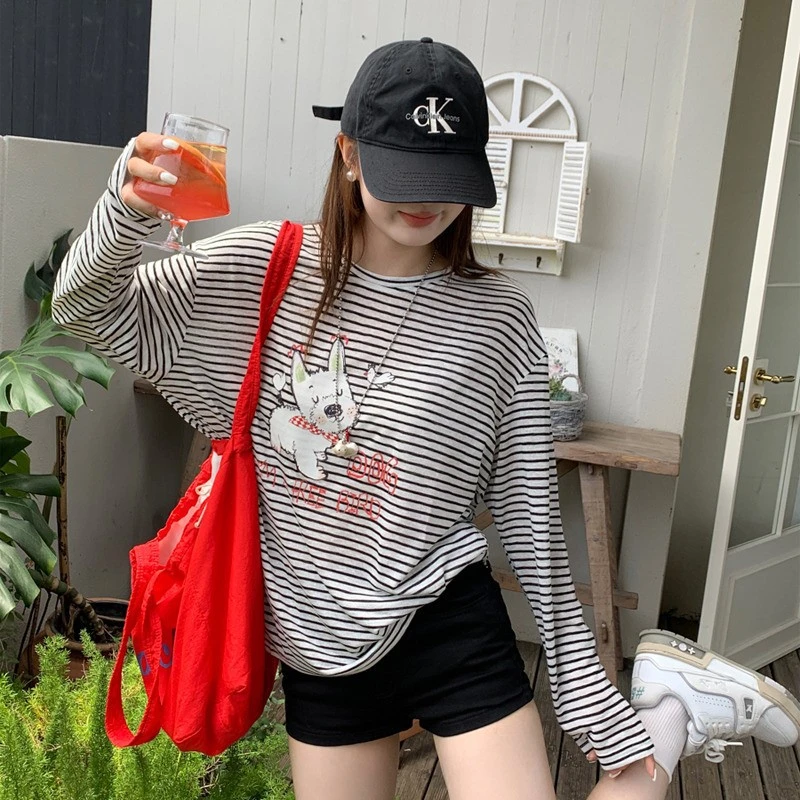 上衣长袖条纹罩衫宽松T恤女装防晒新款2025女薄款早秋圆领印花