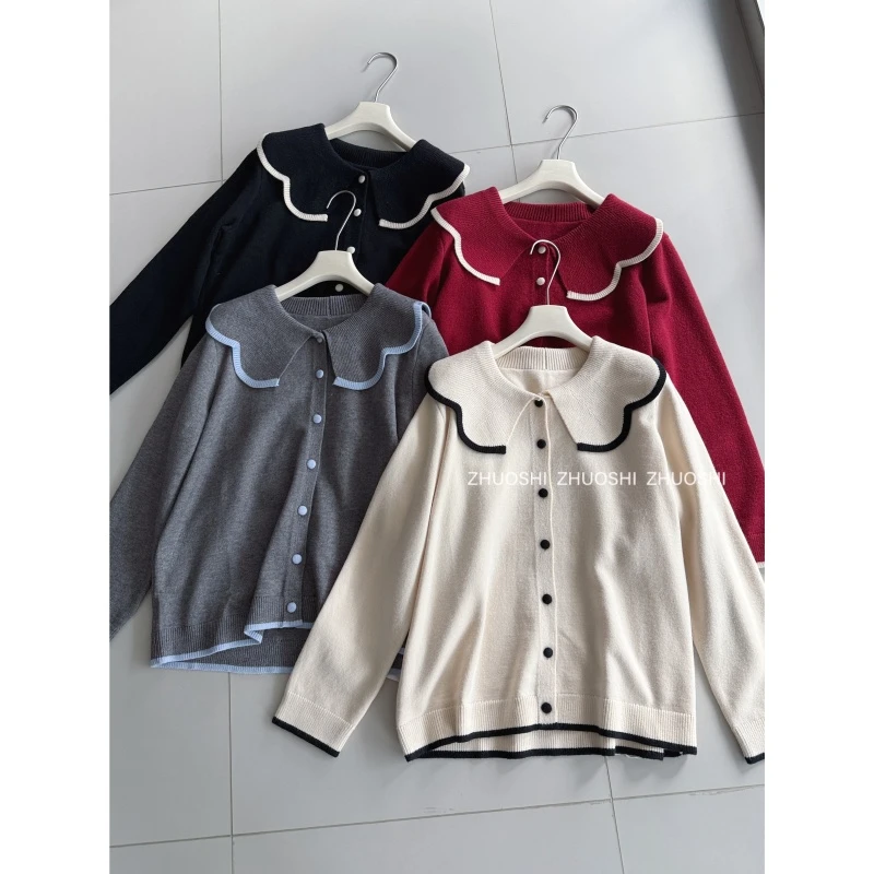 #23268【温莎叙语】高级感甜美减龄撞色娃娃领针织衫 宽松百搭开衫