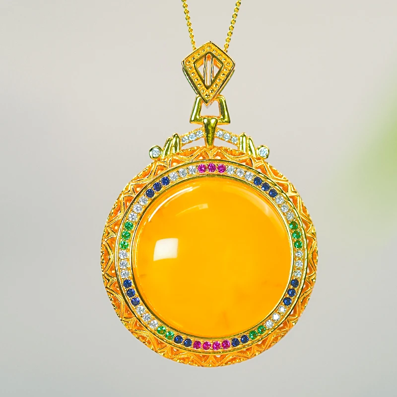 天然蜜蜡银镶嵌新中式宫廷风大气蜜蜡蛋面单吊坠