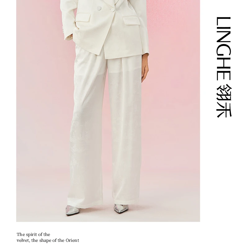 翎禾LINGHE-「九曲亭」春夏新中式醋酸阔腿暗纹提花休闲直筒长裤