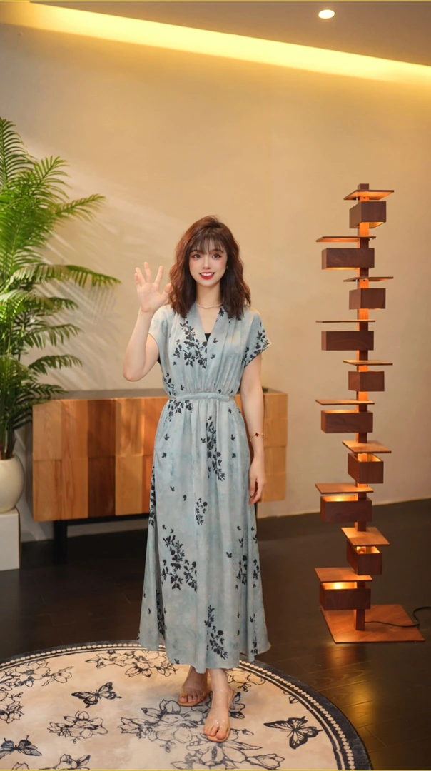 IONOY-【香云纱】“蓝色蝶影 ”连衣裙法式夏款显瘦修身遮肉G805”耶耶