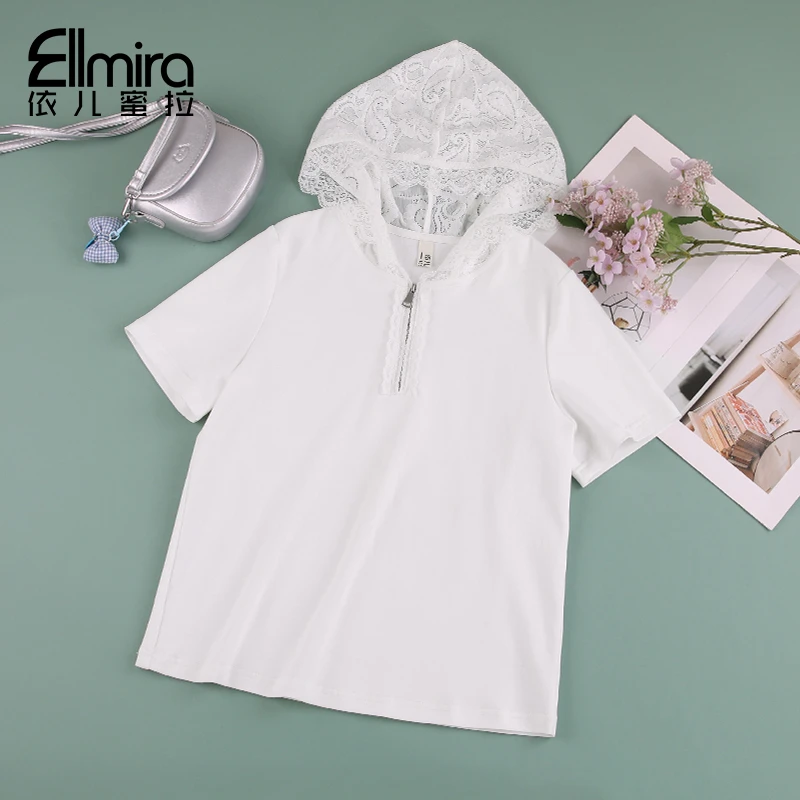 9132女童t恤连帽短袖T夏季儿童上衣白色2025新款大童洋气薄潮流