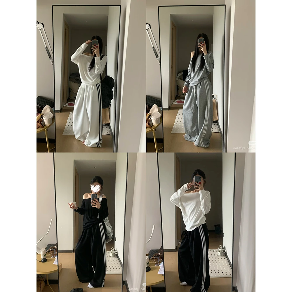 纯色斜肩百搭长袖T恤女+韩版拼接宽松卫裤套装 60688