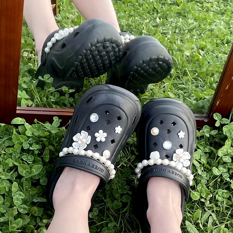 如沐丽手工珍珠diy鞋花高档次洞洞鞋正版女上班族一脚蹬eva踩屎感