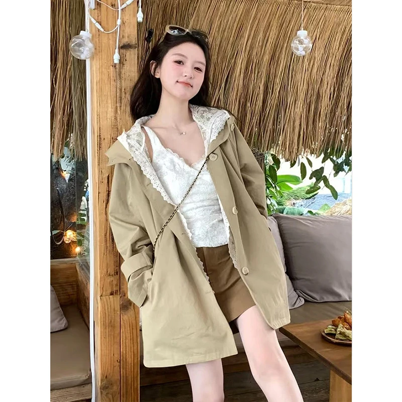 法式气质蕾丝拼接假两件风衣女2025秋新款时髦百搭宽松连帽外套女