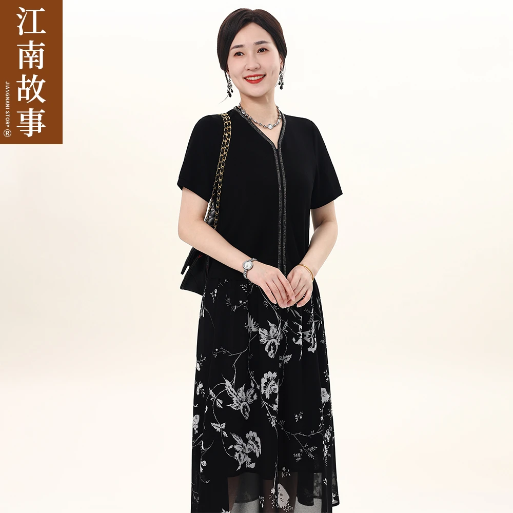 江南故事妈妈装气质雪纺印花半身裙套装中老年女时尚休闲两件套