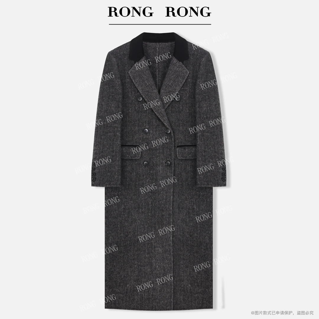 溶溶J【格调女主】RONGRONG 绵羊毛羊驼毛人字纹英伦风大衣88297-1