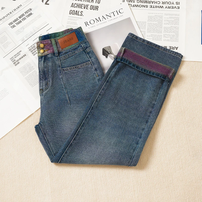 【七彩祥云】芯空纹牛仔裤女2025年春季新款小个子高腰窄版阔腿裤