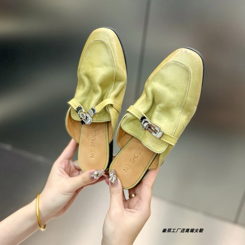 真皮懒人包头拖女油蜡马皮锁扣外穿拖鞋2024新款女士平底穆勒凉拖