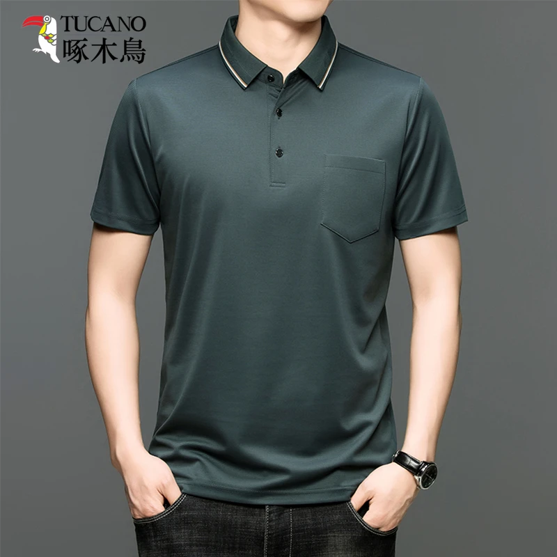 啄木鸟无痕男士短袖T恤夏季商务休闲中年男装爸爸印花翻领短袖薄