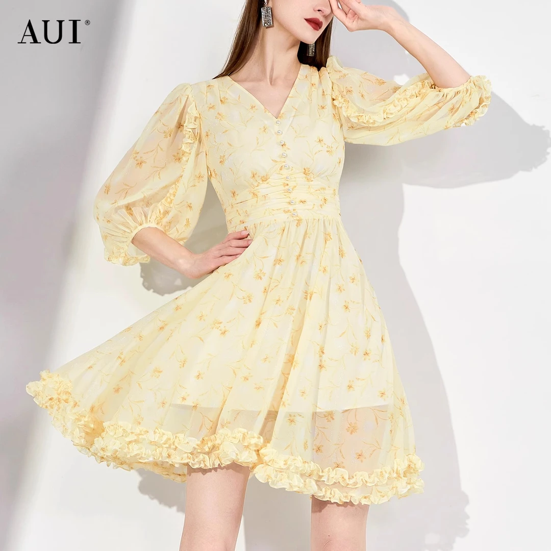【小云总专享】AUI黄色灯笼袖气质印花雪纺连衣裙-23C012252