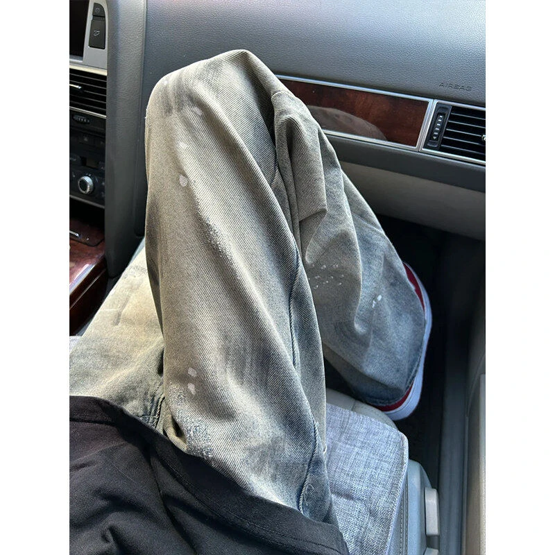 美式复古水洗泼墨牛仔裤男款潮牌高街痞帅vibe裤子宽松直筒休闲裤