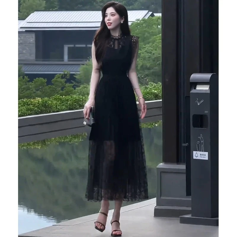 高级感巨好看黑色蕾丝连衣裙女夏季轻熟风御姐气质名媛礼服长裙