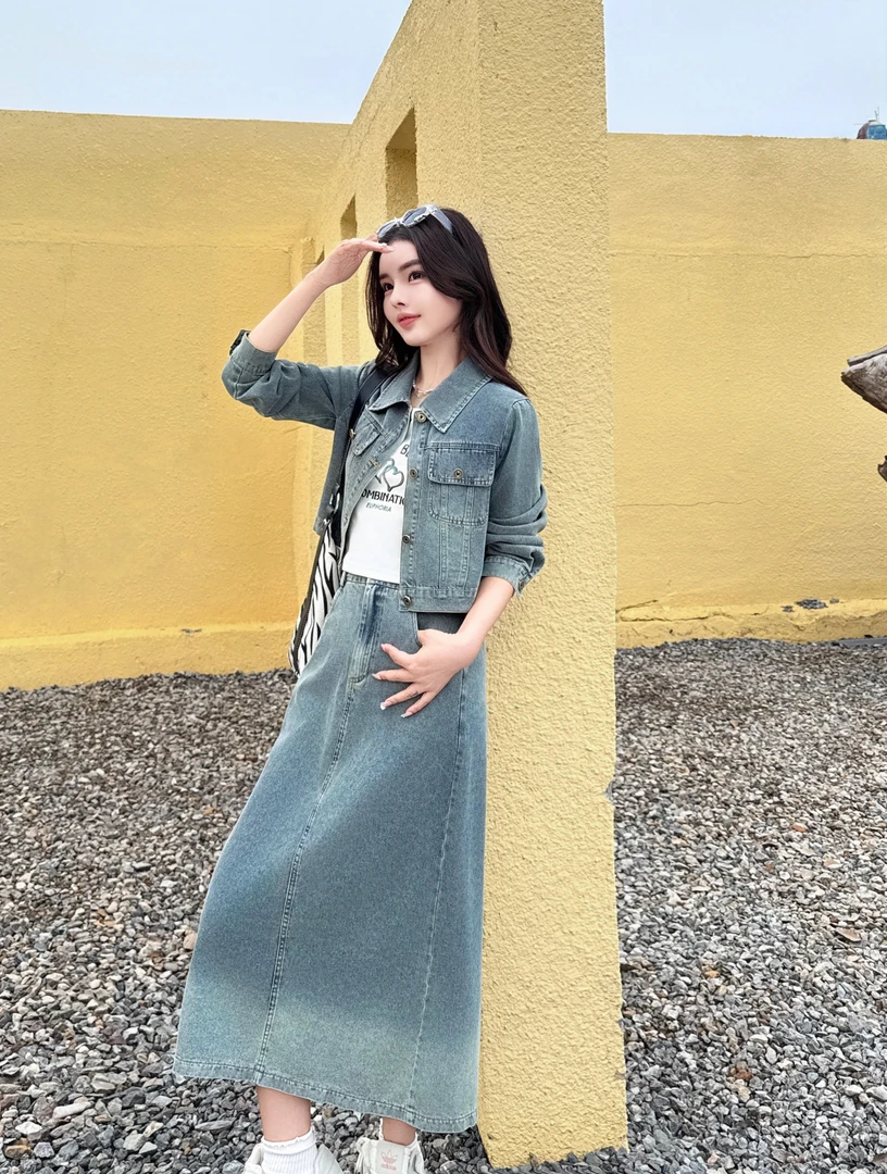 复古牛仔半身裙套装女2025年新款牛仔外套吊带百搭三件套HJ-1700