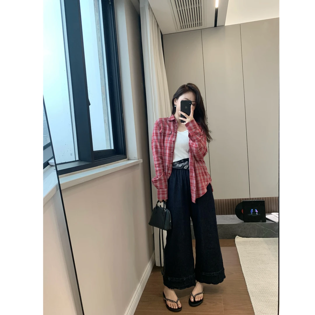 【花边休闲裤】2025新款 松紧腰头 撞色线 花边直筒阔腿休闲长裤