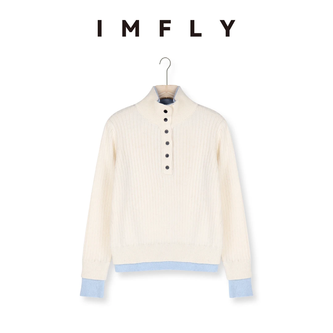 IMFLY金小金自制 假两件绵羊毛衫DYW8587秋冬季休闲纽扣高领毛衣