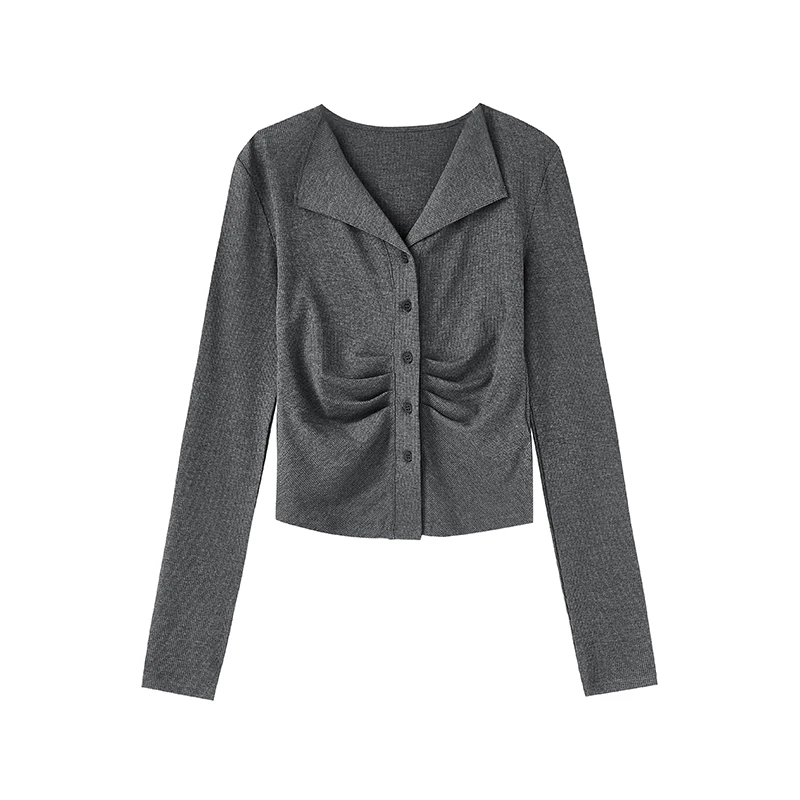 【达人专属】翻领显瘦褶皱打底针织衫W5658