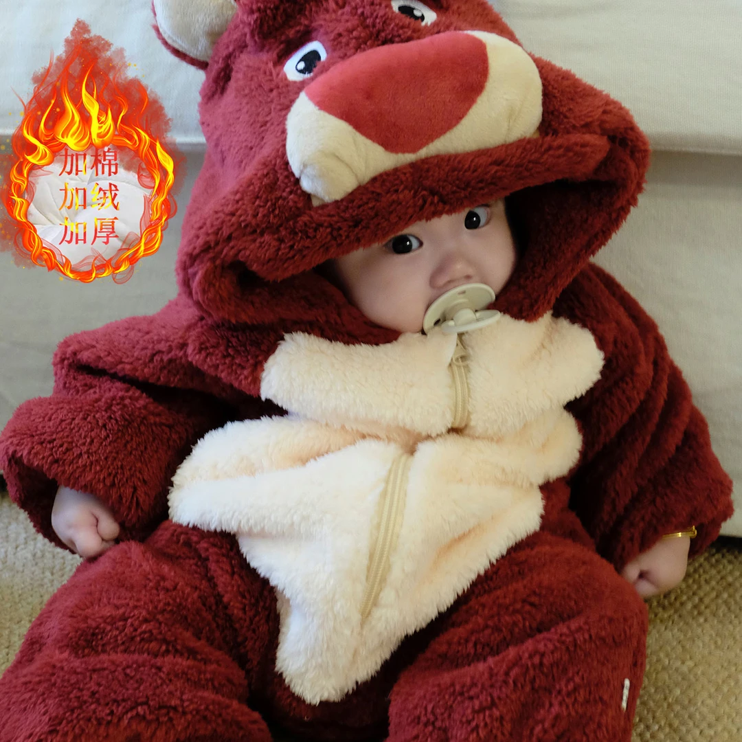 婴儿冬季长袖加厚拉链爬服男女宝宝超萌加绒保暖外出服草莓连体衣