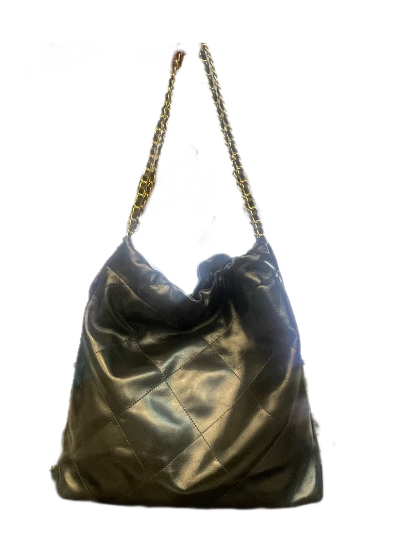 【DIDA】轻奢豪华时尚潮流百搭真皮女士手提包黑金光面垃圾袋手拎包