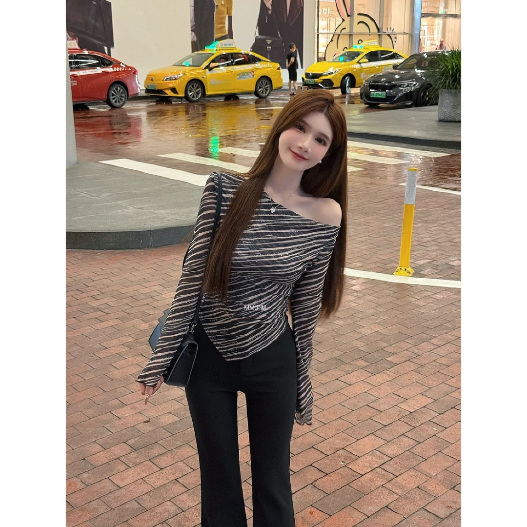 【萌萌家定制】气质女款慵懒随意T恤黑色斑马针织时尚休闲上衣A469