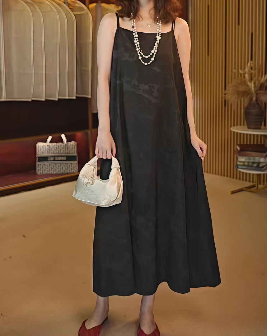 LX152-无袖长裙提花极简风宽松吊带连衣裙