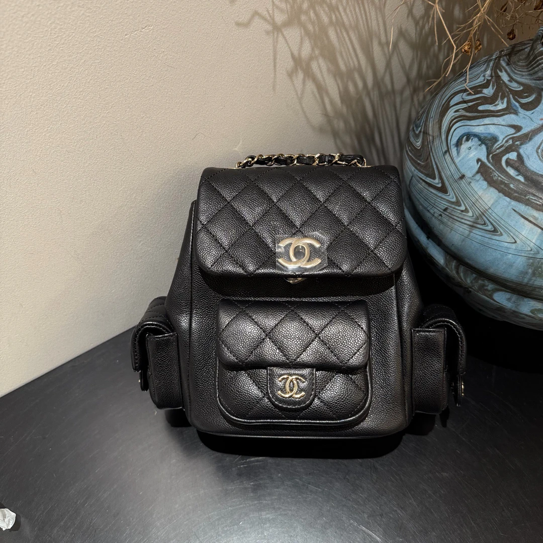 95新 Chanel/香奈儿 23K duma双肩包黑金荔枝牛18593983